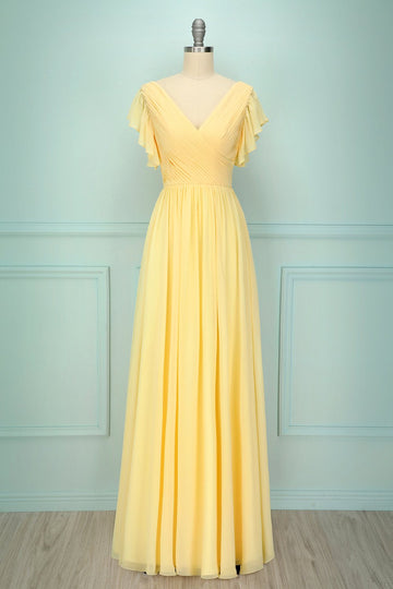 Vestido largo con cuello en v amarillo